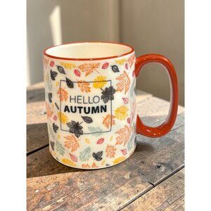 Hello Autumn Ceramic Mug With Fall Leaf Pattern & Orange Handle 10 Strawberry St
